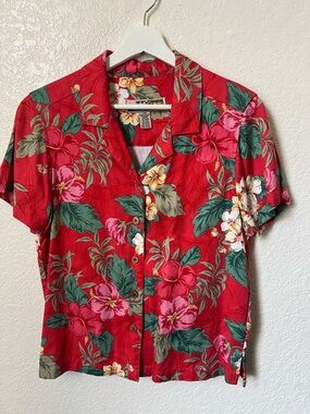 Sunset Cove Red Floral Hawaiian Hibiscus Button Up Shirt - Size PM